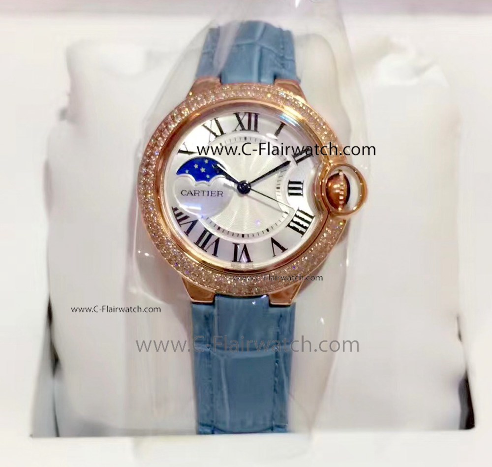 Cartier Moonphase 33mm Watch Replica Rose Gold Diamond Case